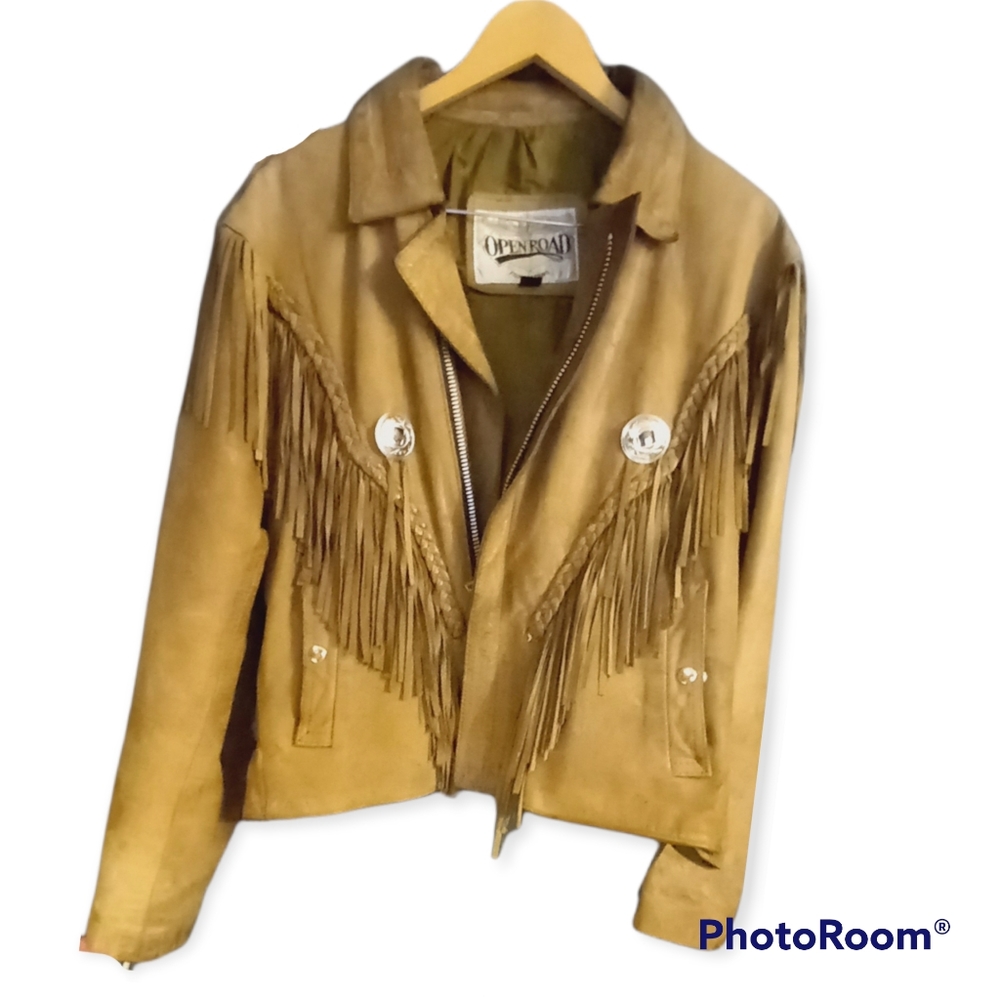 Open road western tan leather jacket with fringe size L